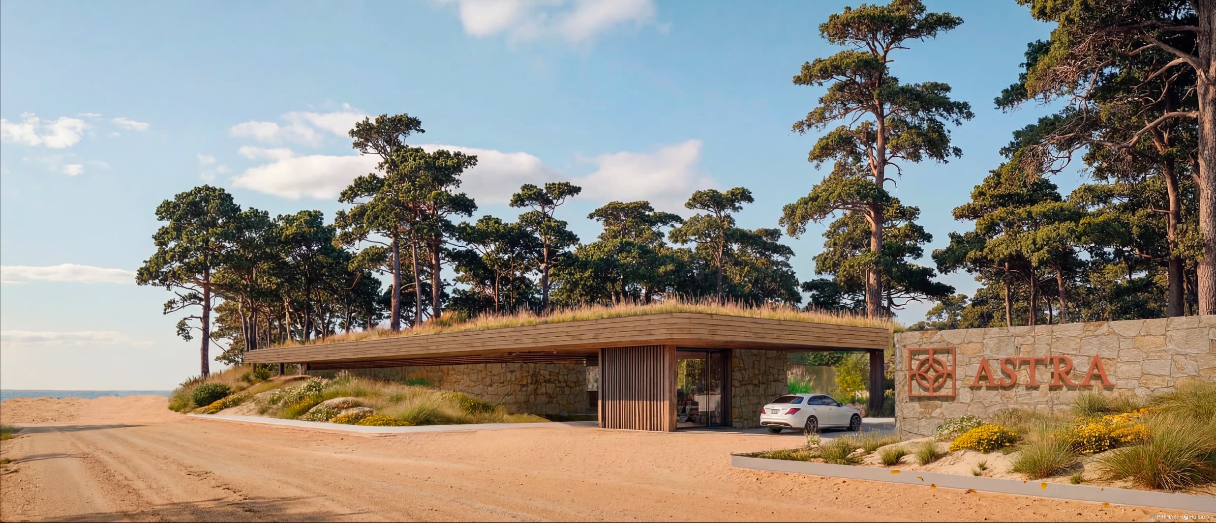 Acceso principal a Astra - Render arquitectónico del ingreso al barrio